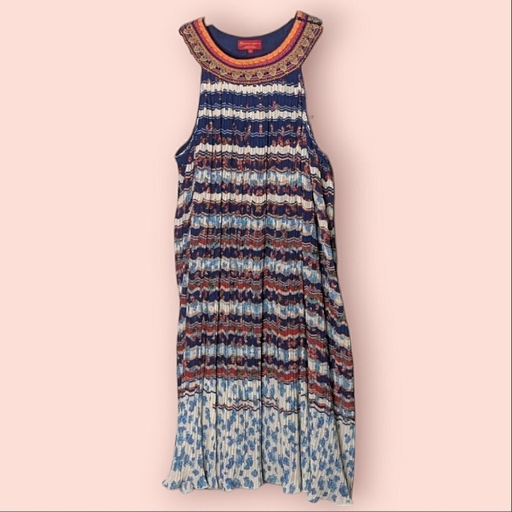 Bhanuni by Jyoti Anthropologie Beaded Collar Abstract Pleated Dress size Xl